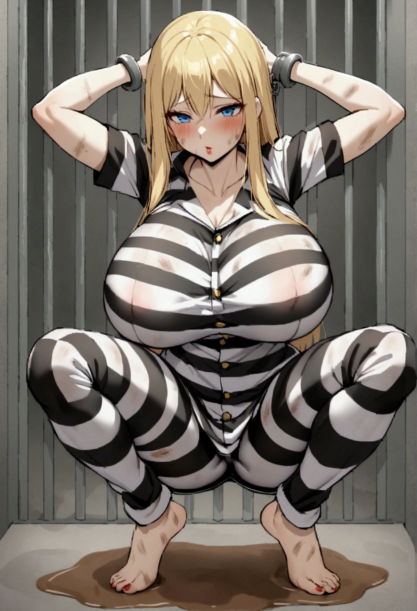 Huge breasts, Prisoner, Women in prison, Imprisonment, Imprisonment,sexy, 黒と白のPrisoner服,長袖のPrisoner服,black and white trousers, Handcuffed, solitary confinement,blonde　hair,straight　hair,blue eyes,Mud stains,Dirty Face,Facial stains,Very dirty clothes,Dirty cloth,red　lipstick,squat,barefoot,Place your hands behind your head