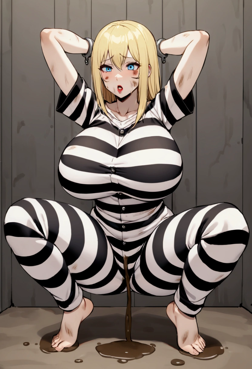 Huge breasts, Prisoner, Women in prison, Imprisonment, Imprisonment,sexy, 黒と白のPrisoner服,長袖のPrisoner服,black and white trousers, Handcuffed, solitary confinement,blonde　hair,straight　hair,blue eyes,Mud stains,Dirty Face,Facial stains,Very dirty clothes,Dirty cloth,red　lipstick,squat,barefoot,Place your hands behind your head