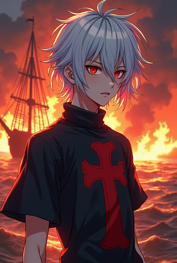 Adult boy, pirate, with white hair, Red eyes, una cruz roja en la camisa y un barco pirate en llamas de fondo. All anime style