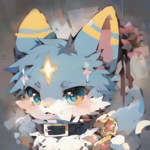 Little Fox,Blue hair,pupil,Pattern,There is a four-pointed star symbol on the forehead,cute