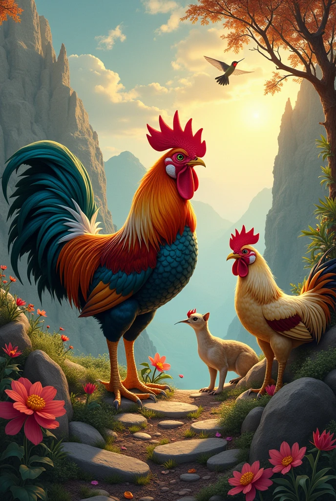 Create a rooster and hen image, life in the backlands, GOD, The ounce, the flower and the hummingbird, serpent 