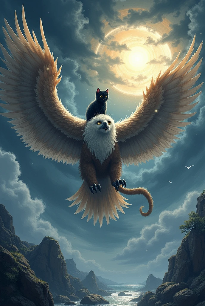Masterpiece、Highest quality、The mighty Griffon、Stormy Night、Divine Beast、Bursting Thunder、Overwhelming King of the Skies、Cute kitten riding a griffin、A black kitten riding beautifully、male々New Griffon、Black and white ink painting style、Powerful Japanese paintings