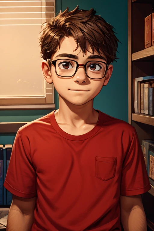 Boy, 10 yo, red shirt, wearing glasses