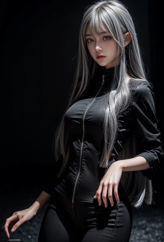 standing,Military Uniforms,pants,black military uniform,whole body,Height: 168cm,almond shape eyes,{{{{{silver eyes}}}}},{{{{{dull bangs}}}}},(slanted eyes},{{whole body},{{{1 girl}}}, long hair, straight hair,{{{{silver hair}}}},{{{tsurime}}},30 years old,{Medium chest},{{bush}},silver eyes,{{{masterpiece}}}, {{{highest quality}}}, {{Super detailed}}, {shape}, {{very delicate and beautiful}},very detailed,detailed perfect,detailed hyper,Abundant thighs,big ass,black clothes