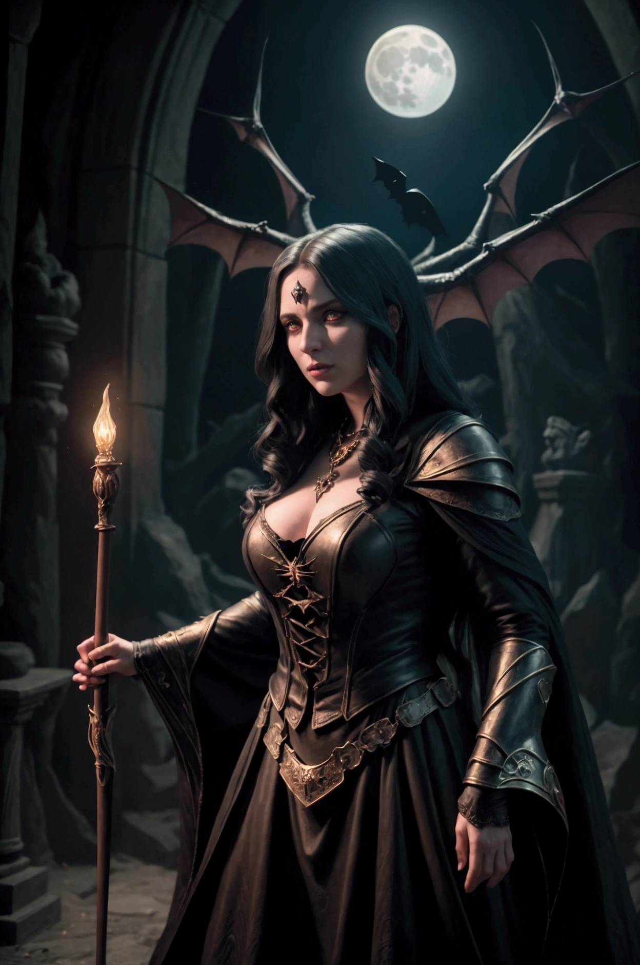 a woman sorceress riding on a broomstick, intense gaze, golden eyes, full moon, bats, casting a spell, cinematic lighting, dark fantasy, dramatic colors, dynamic pose, (best quality,4k,8k,highres,masterpiece:1.2),ultra-detailed,(realistic,photorealistic,photo-realistic:1.37),chiaroscuro,dramatic shadows,moody atmosphere,mystical,occult,dark magic,enchanting,spellcasting