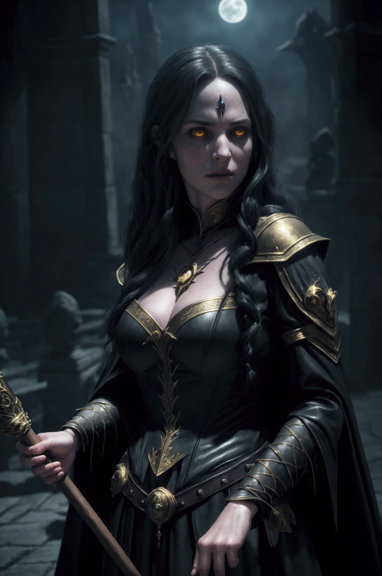 a woman sorceress riding on a broomstick, intense gaze, golden eyes, full moon, bats, casting a spell, cinematic lighting, dark fantasy, dramatic colors, dynamic pose, (best quality,4k,8k,highres,masterpiece:1.2),ultra-detailed,(realistic,photorealistic,photo-realistic:1.37),chiaroscuro,dramatic shadows,moody atmosphere,mystical,occult,dark magic,enchanting,spellcasting