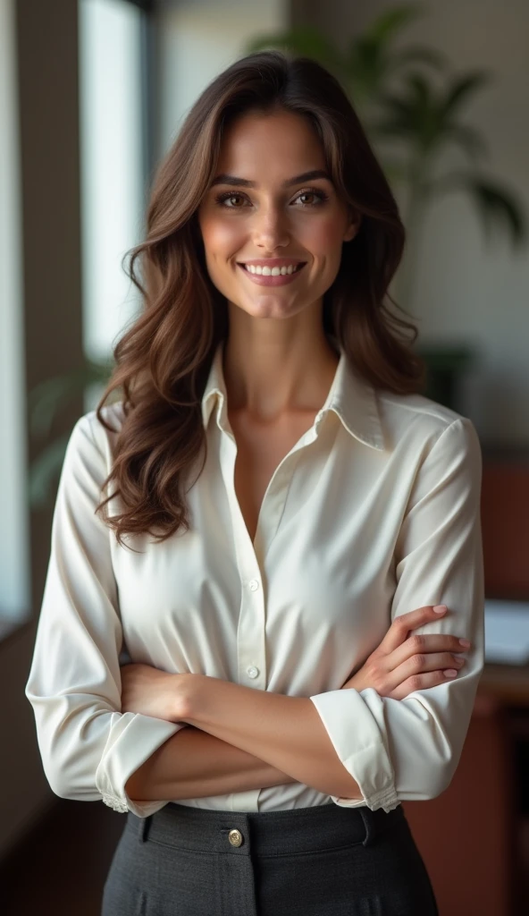 PICTURE REALISTIC, woman smiling, entrepreneur, Linda, wearing formal clothes, the blouse has a high collar, brown hair and eyes, standing in his office. Hair is wavy. The image must show the woman&#39;s hair and entire body. The shoe is closed. The woman&#39;s hands are resting on her waist.