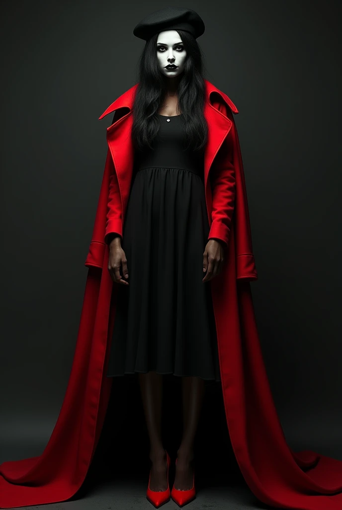 she、A woman with dark skin、The area around the eyes is dark。He is wearing a white medical mask on his face to cover his mouth.。long, Black Hair; she、Wearing a black dress, She's wearing a red coat over it., she恐ろしい見た目, she赤いベレー帽を着ています。she赤いヒールを履いています, Her eyes are black。The background is a horror-like black。