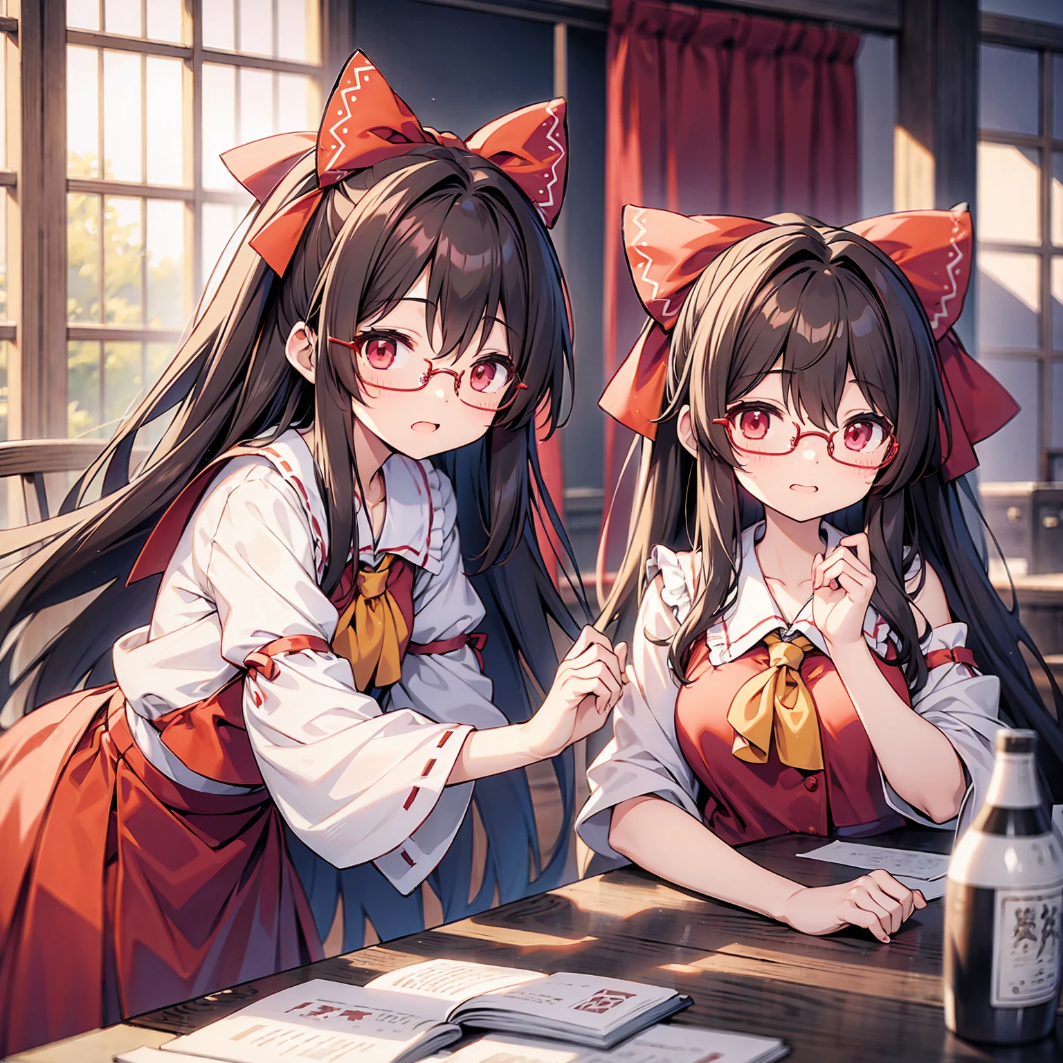 The first person wears glasses、The second one is Reimu Hakurei、The third person is Marisa Kirisame