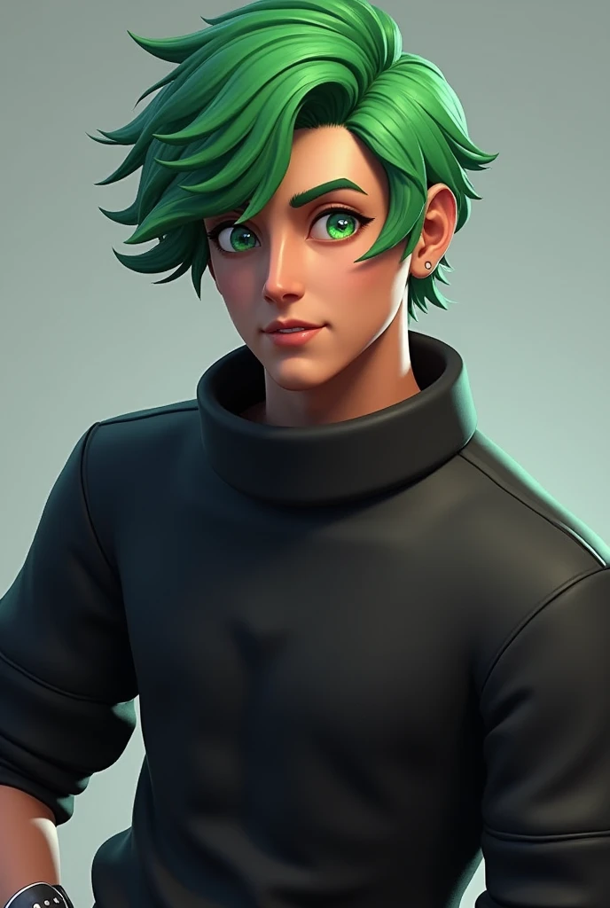 Free fire game hd quality dj alok with black full sleeve sweater and gree hair with green eyes