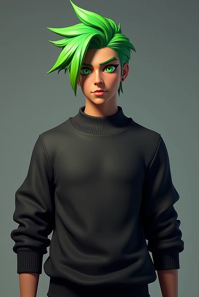 Free fire game hd quality dj alok with black full sleeve sweater and gree hair with green eyes 