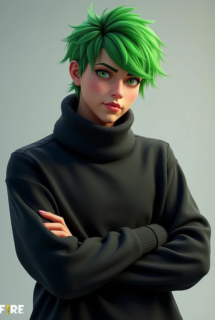 Free fire game hd quality dj alok with black full sleeve sweater and gree hair with green eyes 
