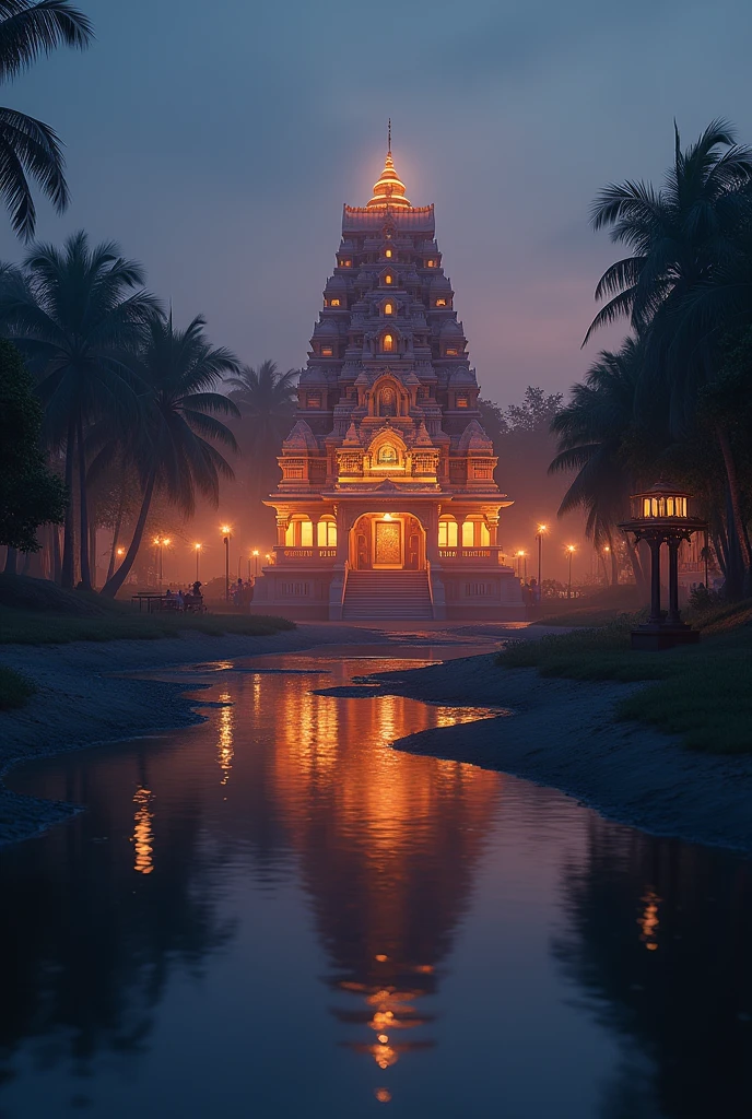 Evening Scene**: A peaceful evening setting with the Jagannat puri temple illuminated softly, reflecting a sense of calm and fulfillment.
