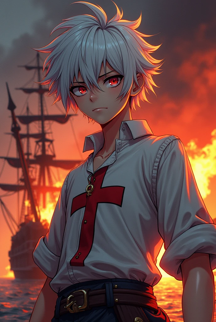 Adult boy, pirate, with white hair, Red eyes, una cruz roja en la camisa y un barco pirate en llamas de fondo. All anime style