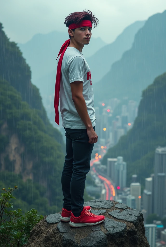 A young man with blue eyes,maroon hair, wearing a red headband, in white shirt, black jeans, red sneakers, looking at a city on top of a mountain while it rains, logo with the name Hero Life