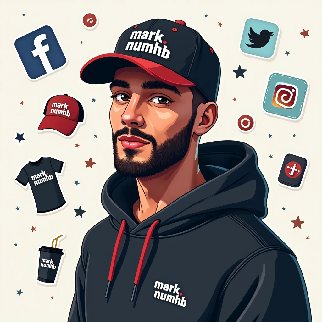 Create a social media profile photo for A young man with a beard and black basketball hat with the logo "Mark Numhb " with Facebook icon,Twitter icon ,Instagram icon ,twitter icon and tiktok icon where the person completes the design and puts them Vectors, Vector T-shirts, Vector Cups, Vector sticker,Vector Caps and Vector Hoodies Sell online 