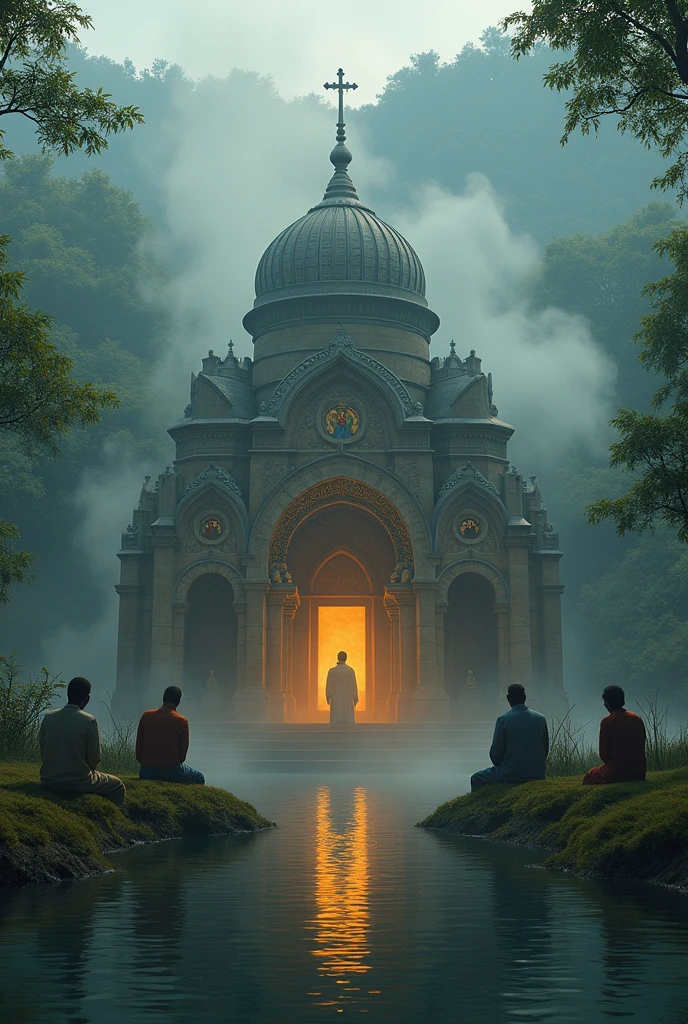 an Ethiopian church, surrounding water, prayers surrounding the church, smoke come from the church towards the people