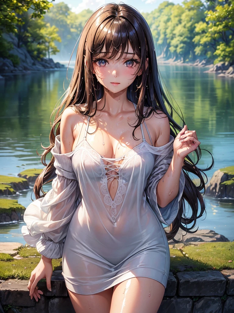 (masterpiece:1.4), (ultra detailed:1.4), (extremely detailed CG:1.4), (Shiny glossy wet hair:1.4), (super fine illustration:1.4), full lip gloss, Create a detailed image of a gentle 1 girl with a calm and serene expression. She has very short, light brown hair that softly frames her face. Her eyes are large and expressive, radiating warmth and kindness. The girl has a petite figure with a smaller chest, and she is dressed in a simple, casual outfit, like a loose sweater or a flowy top. The background should be soft and neutral, allowing her gentle personality to be the focus of the image