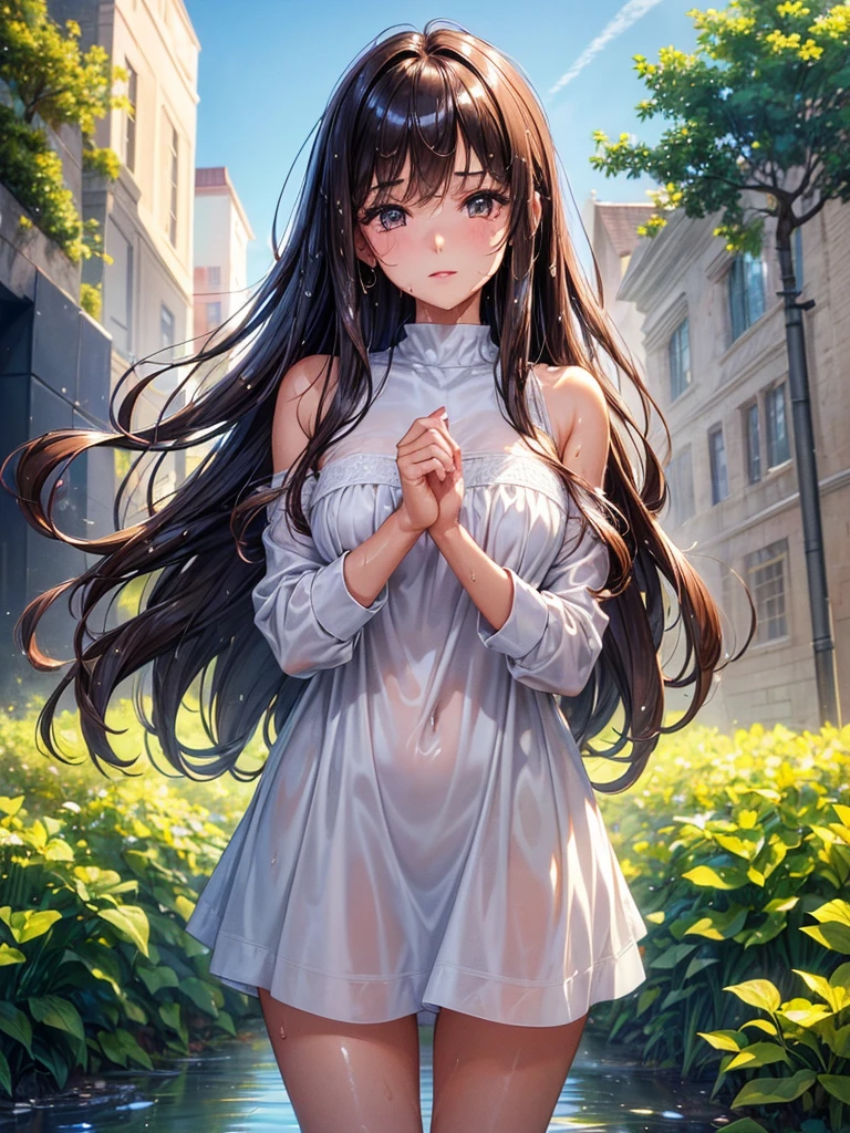 (masterpiece:1.4), (ultra detailed:1.4), (extremely detailed CG:1.4), (Shiny glossy wet hair:1.4), (super fine illustration:1.4), full lip gloss, Create a detailed image of a gentle 1 girl with a calm and serene expression. She has very short, light brown hair that softly frames her face. Her eyes are large and expressive, radiating warmth and kindness. The girl has a petite figure with a smaller chest, and she is dressed in a simple, casual outfit, like a loose sweater or a flowy top. The background should be soft and neutral, allowing her gentle personality to be the focus of the image