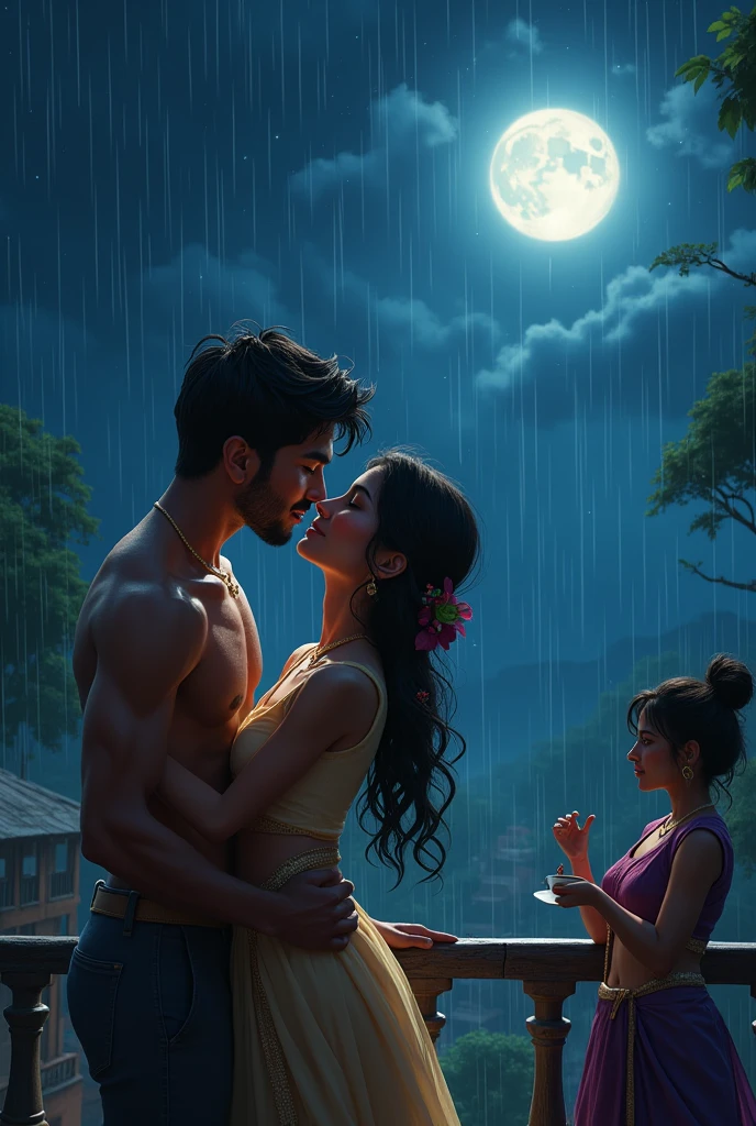 The totan mousi kissing chotta beam in moon in dark night with shinny sky in rainy day another guy watching this scene and felling gelious in his balcony drinking with coffee and in same picture some another guy watching this scene and feel gelious in boy should wear bikini no only the boy which is watching the scene he should wear indian style lehenga in south india