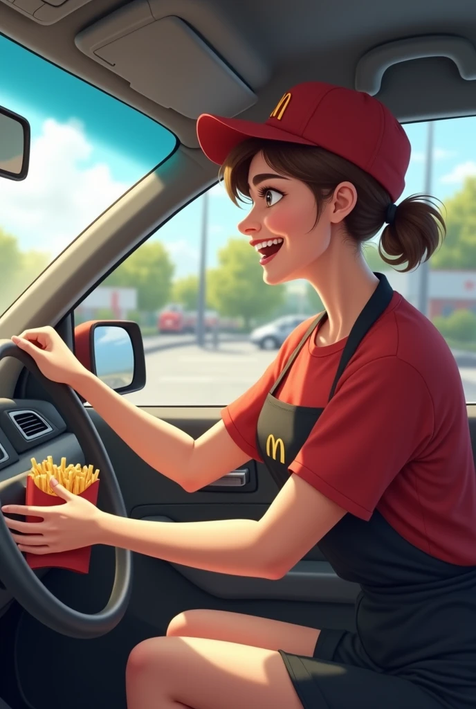 Viewpoint: From inside the car waiting at the drive-thru.
Context: A sunny day at the McDonald's drive-thru.
Character: A 50-year-old woman with short-cropped brown hair. She is generously bosomed and wears the iconic McDonald's uniform, a red t-shirt and black apron. Her hair is tied back under a McDonald's cap.
Action: As your car pulls up to the drive-thru, she approaches the window with a big smile. She holds out a bag full of orders, her gestures full of enthusiasm. The enticing smell of fries and burgers wafts through the air.
style real life