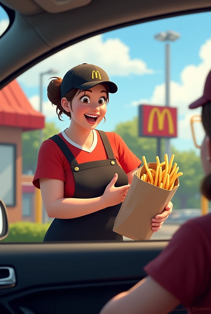 Viewpoint: From inside the car waiting at the drive-thru.
Context: A sunny day at the McDonald's drive-thru.
Character: A 50-year-old woman with short-cropped brown hair. She is generously bosomed and wears the iconic McDonald's uniform, a red t-shirt and black apron. Her hair is tied back under a McDonald's cap.
Action: As your car pulls up to the drive-thru, she approaches the window with a big smile. She holds out a bag full of orders, her gestures full of enthusiasm. The enticing smell of fries and burgers wafts through the air.
style real life