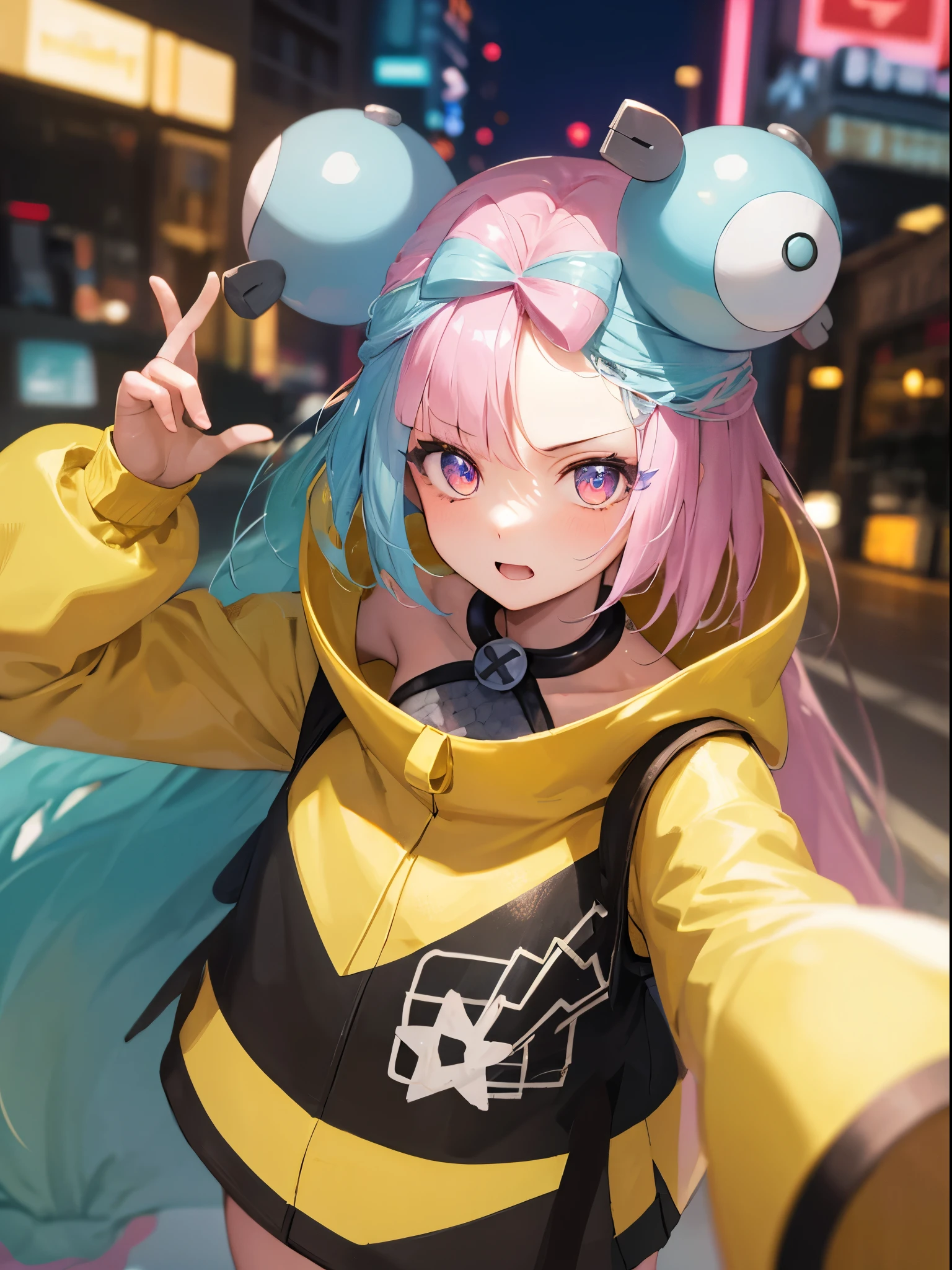 masterpiece, Highest quality, Perfect Face, Highest Resolution, Highest quality,Detailed depiction of the eyes, 8k, One Girl, Long Hair, Yellow Jacket, Long sleeve, hair ornaments, Future City, neon street
