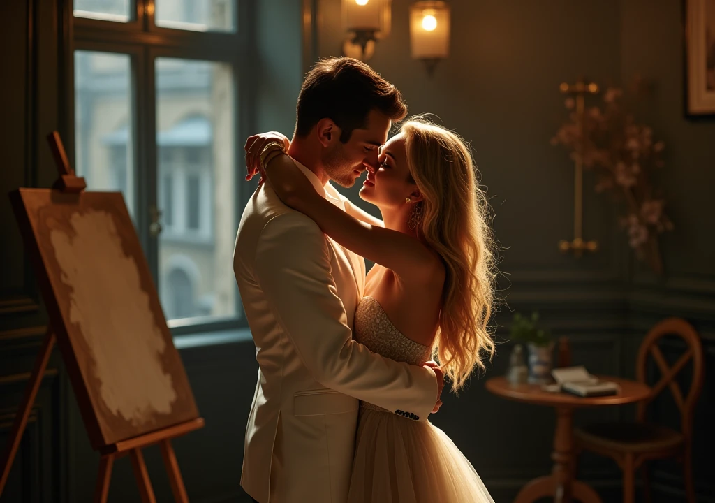 an ultra-realistic image, creates a cinematic scene Joseph Morgan, elegantly dressed in a write suit, and the beautiful Candice Accola, a woman with her long beautiful blonde hair and light dress,The two are in London kiss and affection, he holds her in his arms, 18k, photo, full body cinematic photo, they are dressed in sophisticated and elegant attire, elegant London clothes, exuding confidence and charisma. The background is poorly lit, the scene is located in London,in the background a window with a half-length blind curtain, an easel with an unfinished painting on the right side in the background,reating an air of mystery and intrigue. The overall atmosphere is a mix of glamor and drama, as if they were characters in a captivating cinematic story., photo, cinematic, photov0.2, photorealistic style, high resolution
