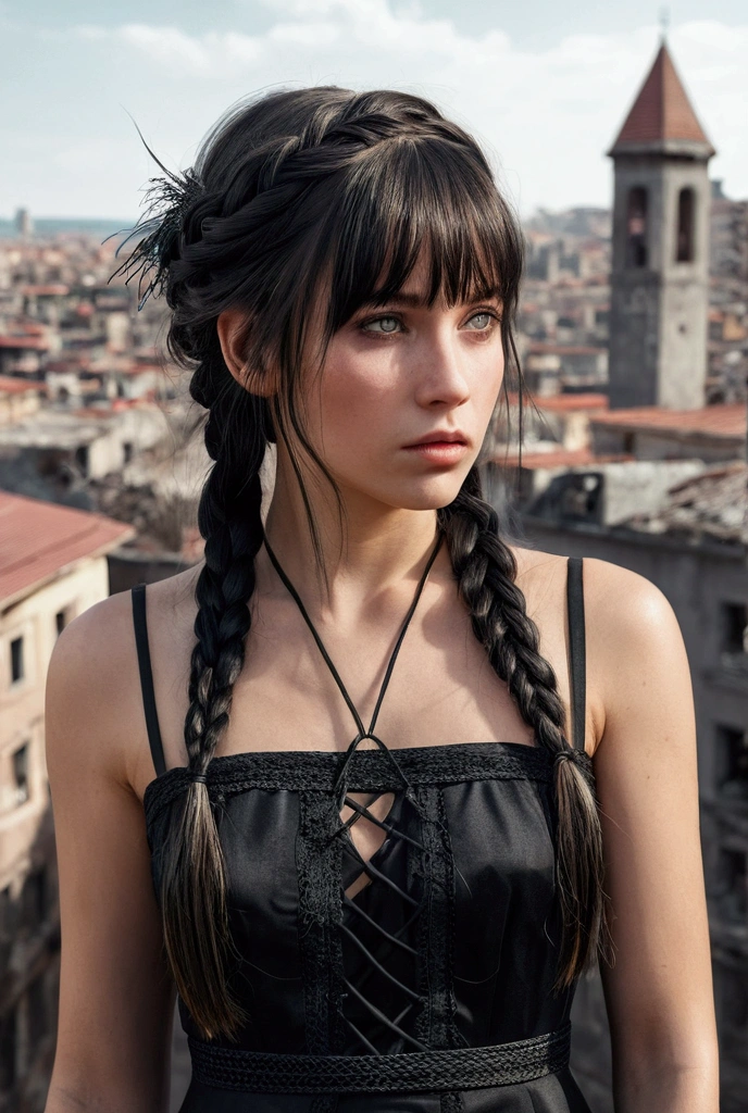  girl, caucasiano, he would be, braided hair with bangs, Bblack hair, grey-eyed, detailed black dress, isolated and destroyed city, drawning.