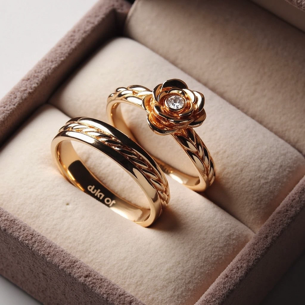 pair of wedding rings and engagement ring in gold color in a velvet box the men's ring is simple, only smooth and matching the women's ring in a soft braided pattern the women's ring has a brilliant minimalist diamond stone reminiscent of a flower with petals and around it a braided finish with small diamonds Inside the rings is written the word "AKAI TO"