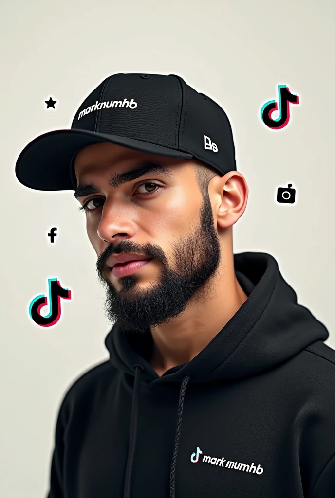 Create a social media profile photo for A young man with a beard and black basketball hat with the logo "Mark Numhb " with Facebook icon,Twitter icon ,Instagram icon ,twitter icon and tiktok icon where the person completes the design and puts them Vectors, Vector T-shirts, Vector Cups, Vector sticker,Vector Caps and Vector Hoodies Sell online