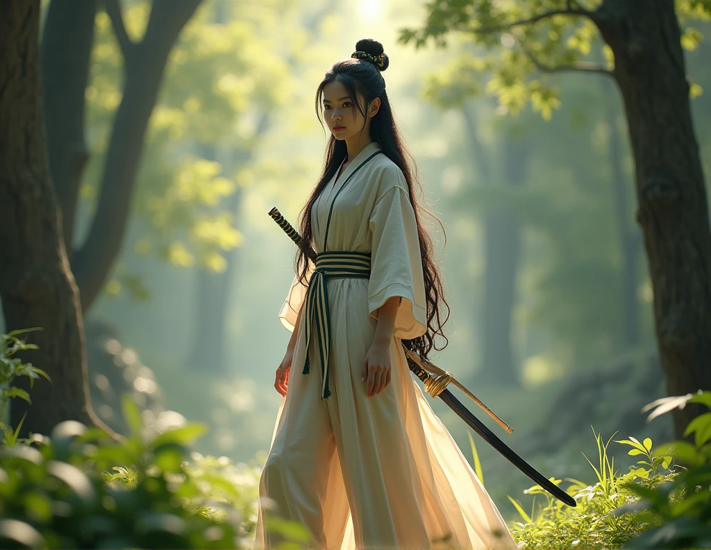 4k, realistic, very detail, there is a girl on a wood, she is a samurai, war theme, soft clothes, long hair, wearing legging, 2, full body, wearing gucci shoes