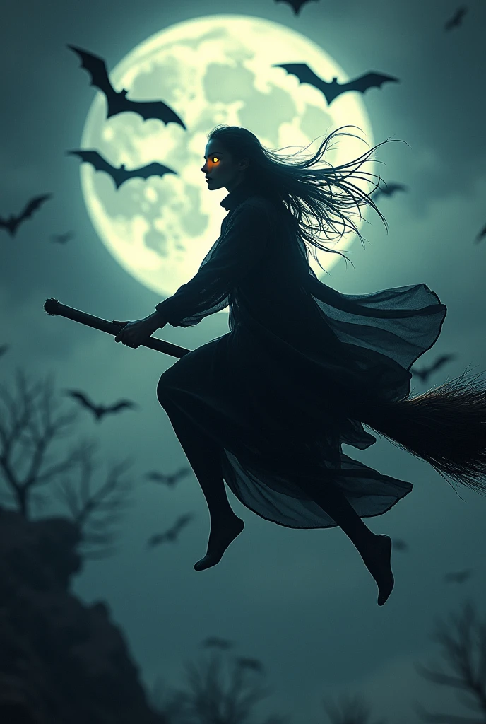 a woman sorceress riding on a broomstick, intense gaze, golden eyes, full moon, bats, casting a spell, cinematic lighting, dark fantasy, dramatic colors, dynamic pose, (best quality,4k,8k,highres,masterpiece:1.2),ultra-detailed,(realistic,photorealistic,photo-realistic:1.37),chiaroscuro,dramatic shadows,moody atmosphere,mystical,occult,dark magic,enchanting,spellcasting