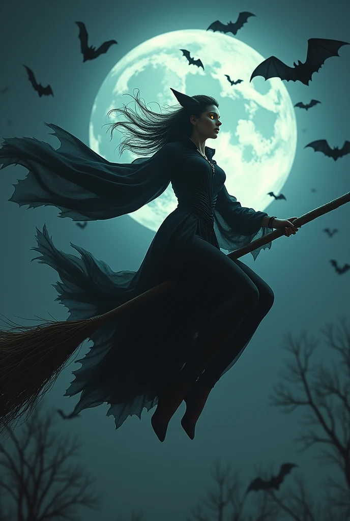 a woman sorceress riding on a broomstick, intense gaze, golden eyes, full moon, bats, casting a spell, cinematic lighting, dark fantasy, dramatic colors, dynamic pose, (best quality,4k,8k,highres,masterpiece:1.2),ultra-detailed,(realistic,photorealistic,photo-realistic:1.37),chiaroscuro,dramatic shadows,moody atmosphere,mystical,occult,dark magic,enchanting,spellcasting