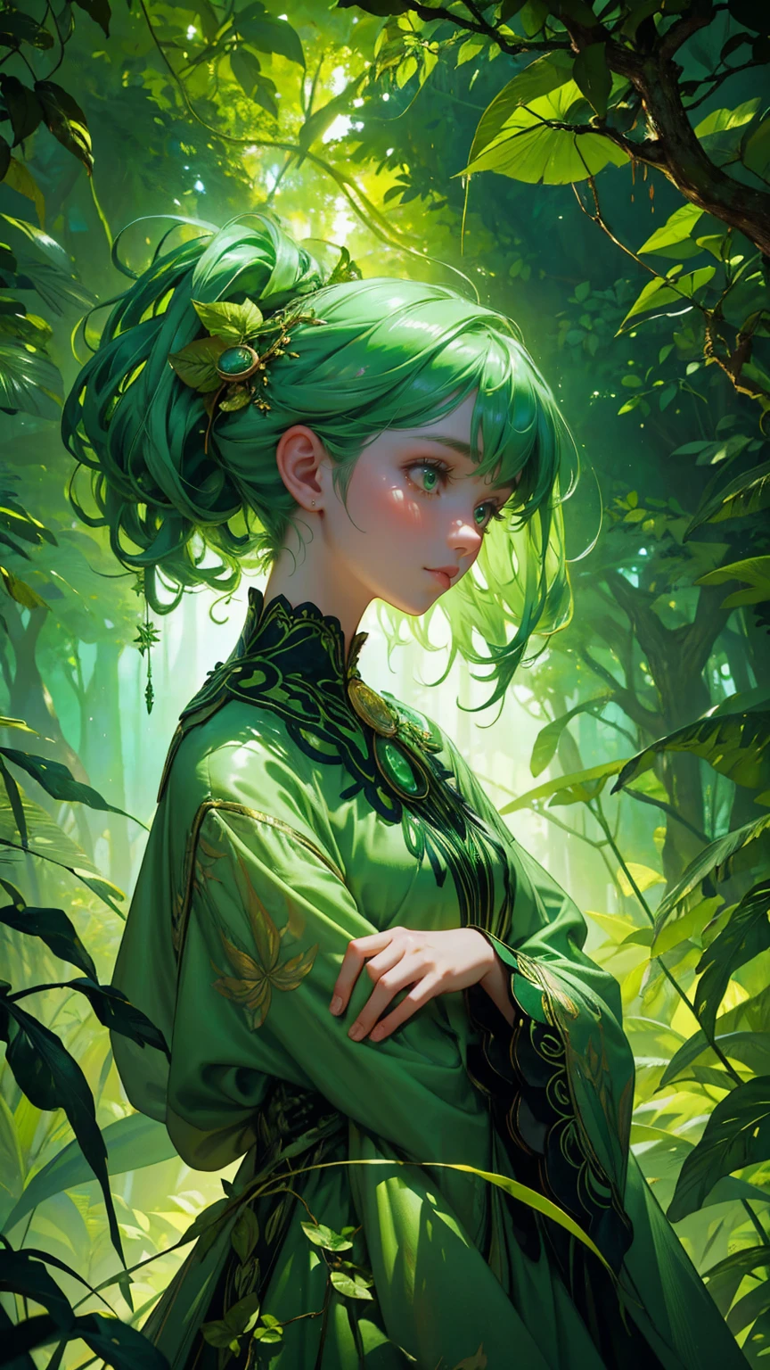 A whimsical, magical jungle scene with all elements in various shades of green. In the center, a beautiful, cute girl with green hair and a green flowing dress is exploring a fantastical tree filled with strange green fruits and hanging green cryptocurrency coins. Her dress blends seamlessly with the lush foliage surrounding her, and her curious expression shows she's intrigued by the quirky, green creatures hiding in the undergrowth. The background is dense with green trees, vines, and overgrown leaves, creating a surreal, enchanted forest atmosphere filled with a sense of wonder and discovery
