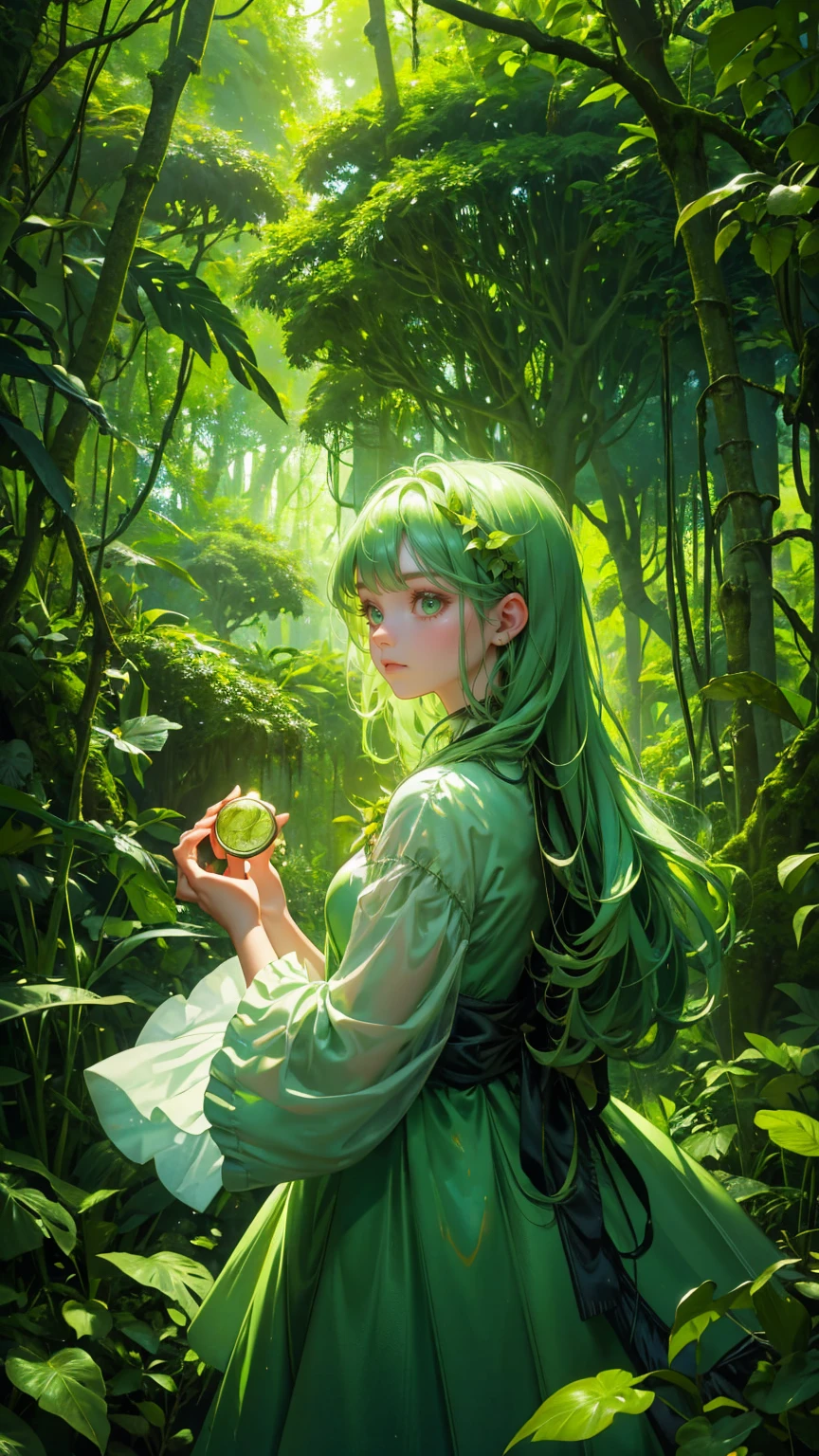 A whimsical, magical jungle scene with all elements in various shades of green. In the center, a beautiful, cute girl with green hair and a green flowing dress is exploring a fantastical tree filled with strange green fruits and hanging green cryptocurrency coins. Her dress blends seamlessly with the lush foliage surrounding her, and her curious expression shows she's intrigued by the quirky, green creatures hiding in the undergrowth. The background is dense with green trees, vines, and overgrown leaves, creating a surreal, enchanted forest atmosphere filled with a sense of wonder and discovery