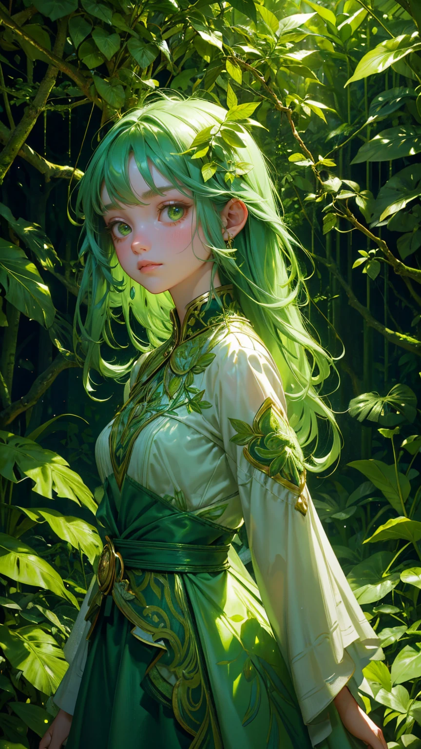 A whimsical, magical jungle scene with all elements in various shades of green. In the center, a beautiful, cute girl with green hair and a green flowing dress is exploring a fantastical tree filled with strange green fruits and hanging green cryptocurrency coins. Her dress blends seamlessly with the lush foliage surrounding her, and her curious expression shows she's intrigued by the quirky, green creatures hiding in the undergrowth. The background is dense with green trees, vines, and overgrown leaves, creating a surreal, enchanted forest atmosphere filled with a sense of wonder and discovery