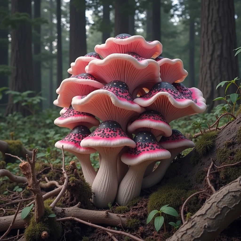 a mushroom is growing on the forest ground. ((desire, fulfillment,pride,cruelty)),((pink,black,pale grey)),((deep wiew)),photographic,ultra high resolution,hyperdetailed, masterpiece, 3d modelling, digital art.