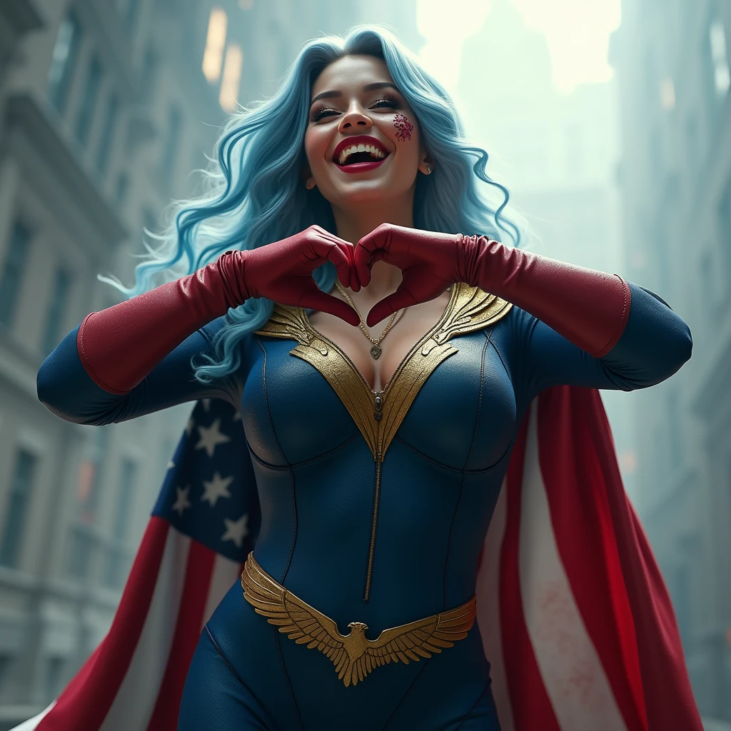 A powerful superhero character , She form a heart sign her hands. She's beautiful a biracial latina woman .She wears a dark blue, textured full bodysuit with golden like heads of eagle on her shoulders and wear red long gloves until her elbows. She have got long light blue hair, light blue eyes, large breast. She's laughing. A large and imposing American flag cape billows behind her, adding a sense of movement to the scene. There are lot of stains on her face and on her suit ,The atmosphere around her is misty, with beams of light piercing through the clouds, highlighting the figure in a heroic manner, photorealistic, De Haut En Bas,