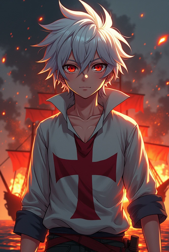 Adult boy, pirate, with white hair, Red eyes, una cruz roja en la camisa y un barco pirate en llamas de fondo. All anime style