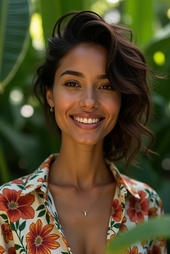 A Brazilian woman in a lush tropical garden, wearing an open shirt with a floral print, with a close-up capturing the harmonious beauty between her breasts and the natural flowers, showing off your natural charm and outgoing personality.