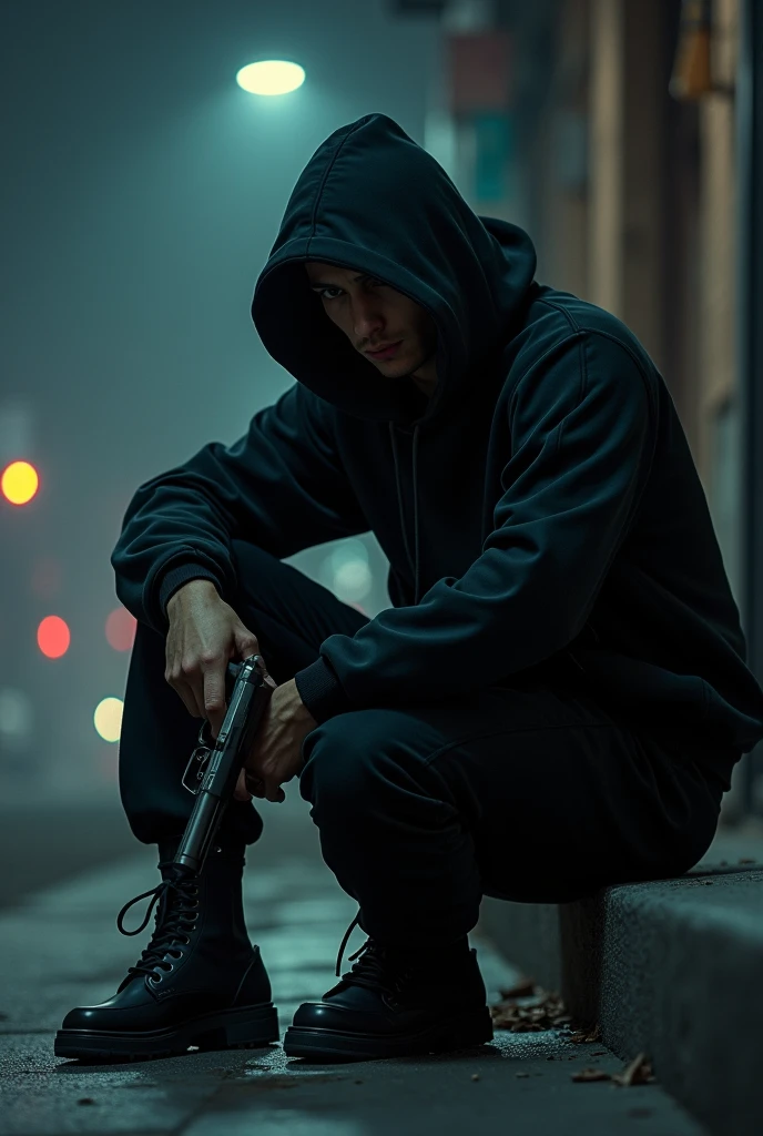 20 years old, HAVE A BLACK SWEET ON HIM, HAVE A BLACK TRACKSUIT, HAVE A HOOD ON HIS HEAD, HAVE SITTING ON THE SIDEWALK, HAVE A REAL GUN IN HIS HAND, HAVE THE GUN RIGHT, AND LET IT BE NIGHT