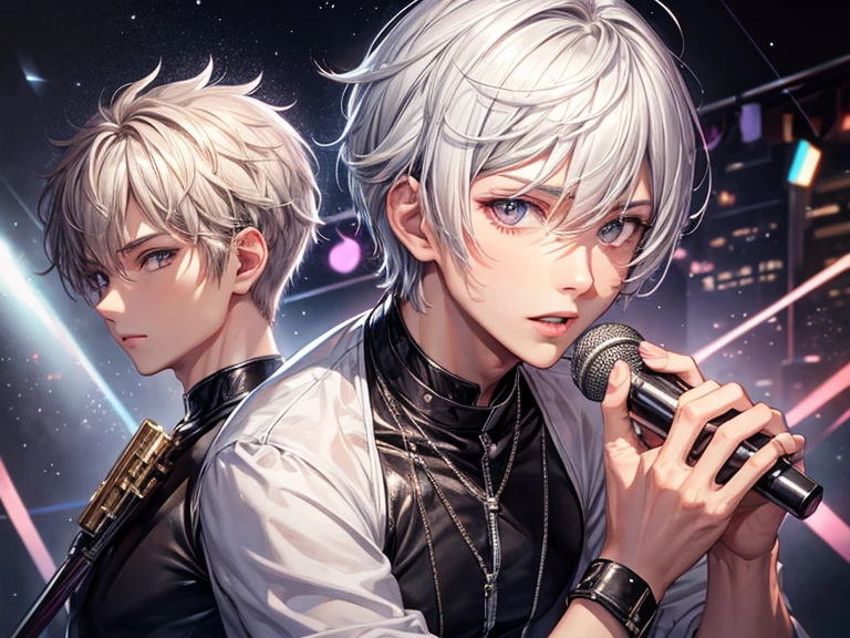 Male vocalist with short silver hair and slanted eyes
