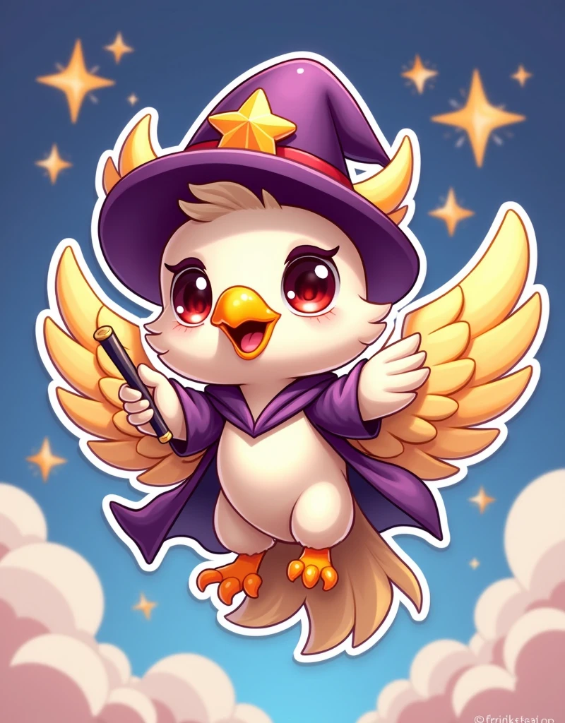 digital 2D artwork, sticker style, a cute chibi griffin with eagle beak holding magician wand and wear magician hat, she is flying, stars popping arround her