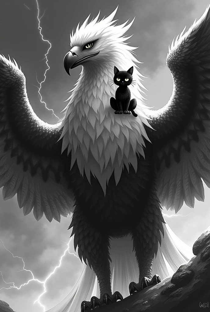 Masterpiece、Highest quality、The mighty Griffon、Stormy Night、Divine Beast、Bursting Thunder、Overwhelming King of the Skies、Cute kitten riding a griffin、A black kitten riding beautifully、male々New Griffon、Black and white ink style、Powerful ink painting、Bold brushwork
