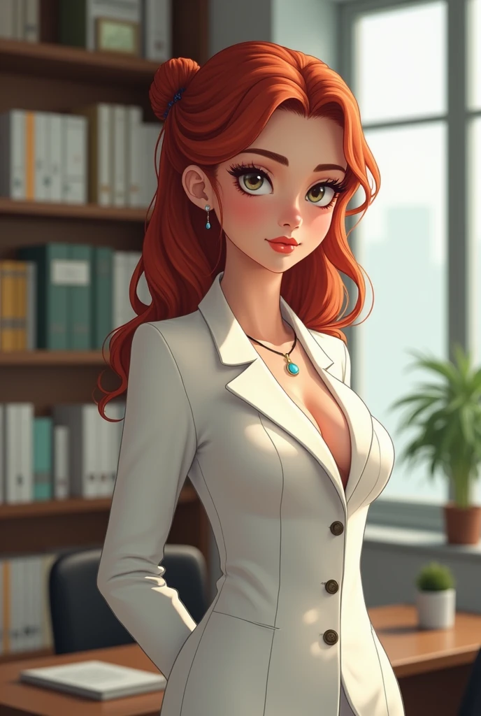 An attractive young woman with fair skin and red hair, long and wavy in an elegant bun, she wears a light blue pendant, is sitting in a modern, well-lit office. She wears a blazer. Her body is curvy, fleshy lips, with wide hips and a slim waist, white fitted cut, that highlights your silhouette in an elegant way. The expression on his face is soft and contemplative., with clear eyes that . The surrounding scenery is a professional office, with bookshelves, documents, and a computer screen visible in the background, all blurred enough to keep the main focus on the woman. The lighting in the room is soft and natural, highlighting the details of her skin and the subtle shine of her delicate necklace. The image must capture the woman's body from the waist up, in a pose that exudes confidence and elegance, while the surrounding environment suggests a sophisticated and organized work scenario.