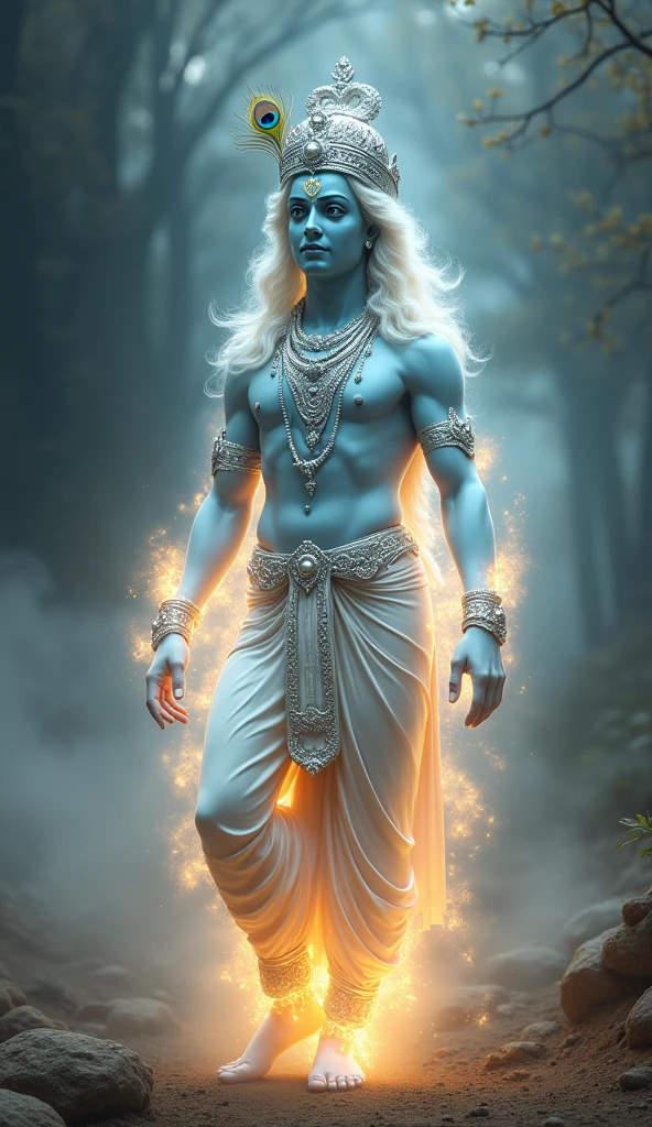 Shree Krishan name's lord,full dody lite, silver tiara crown with a single peacock feather, in dust