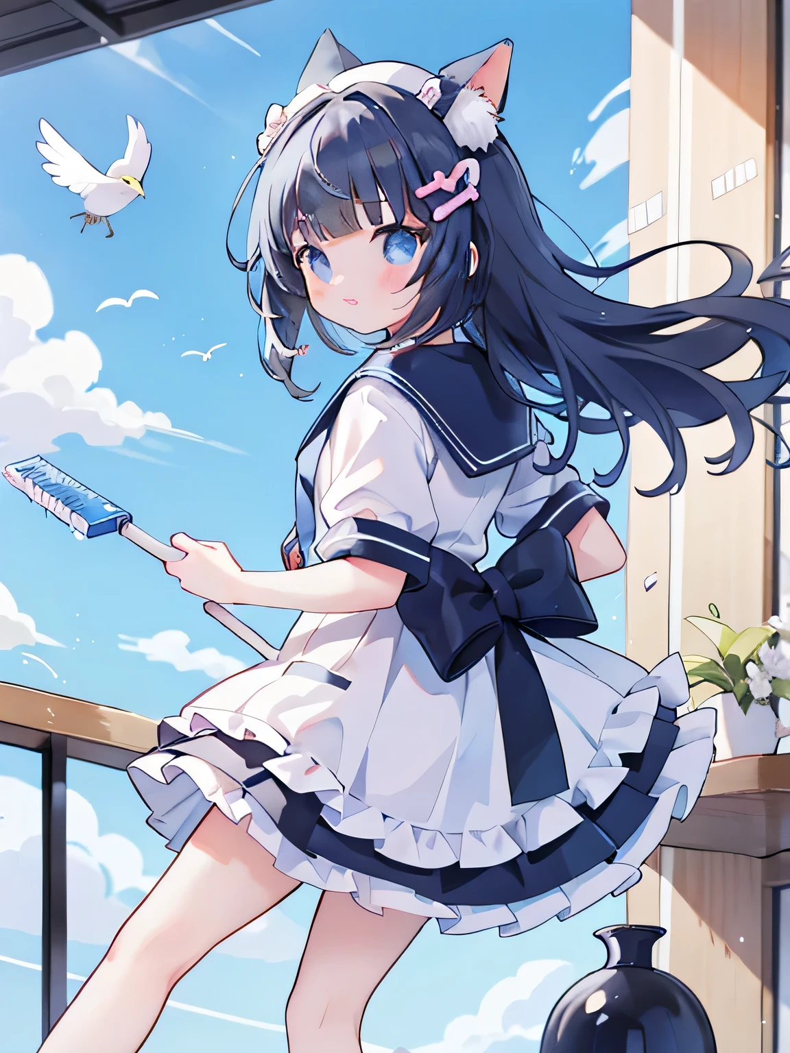 girl、A scrubbing brush is flying in the air