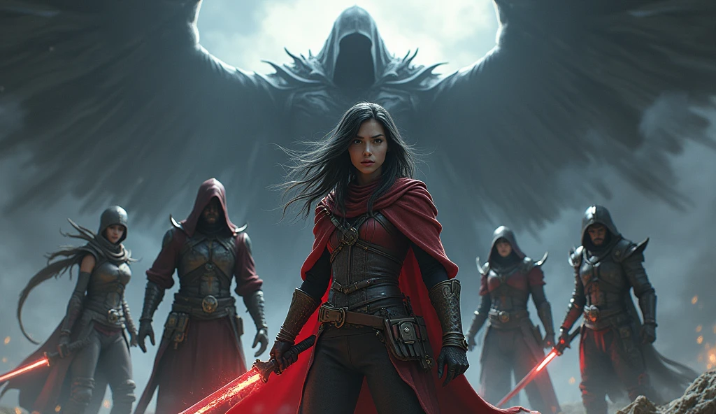 Kora should be the main focus, positioned in the center or slightly off-center. Show her in a dynamic pose, holding her weapon, with a determined look on her face.
  - Surround Kora with two or three other key characters from her assembled team, each in action-ready stances. These could include a swordmaster, a warrior with futuristic armor, and a mysterious figure with a dark, cloaked appearance.
  - Behind them, in the background, have a shadowy, imposing figure representing Regent Balisarius, adding a sense of looming danger.
