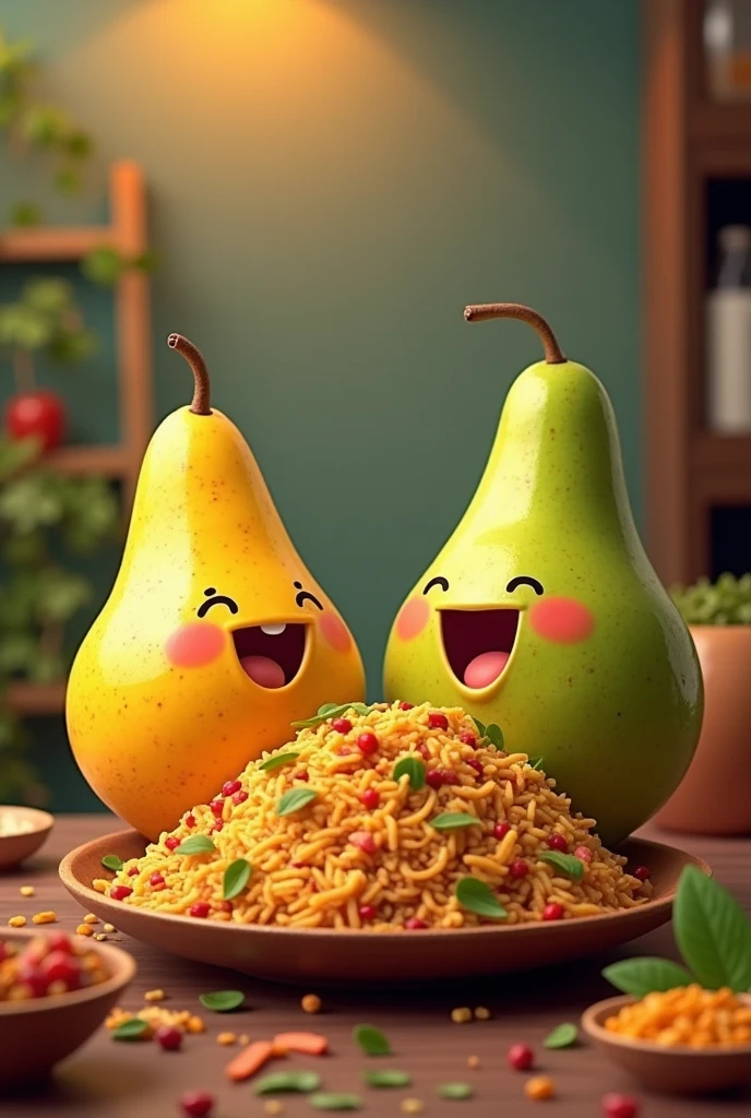 Cute pear and guava eating biryani 